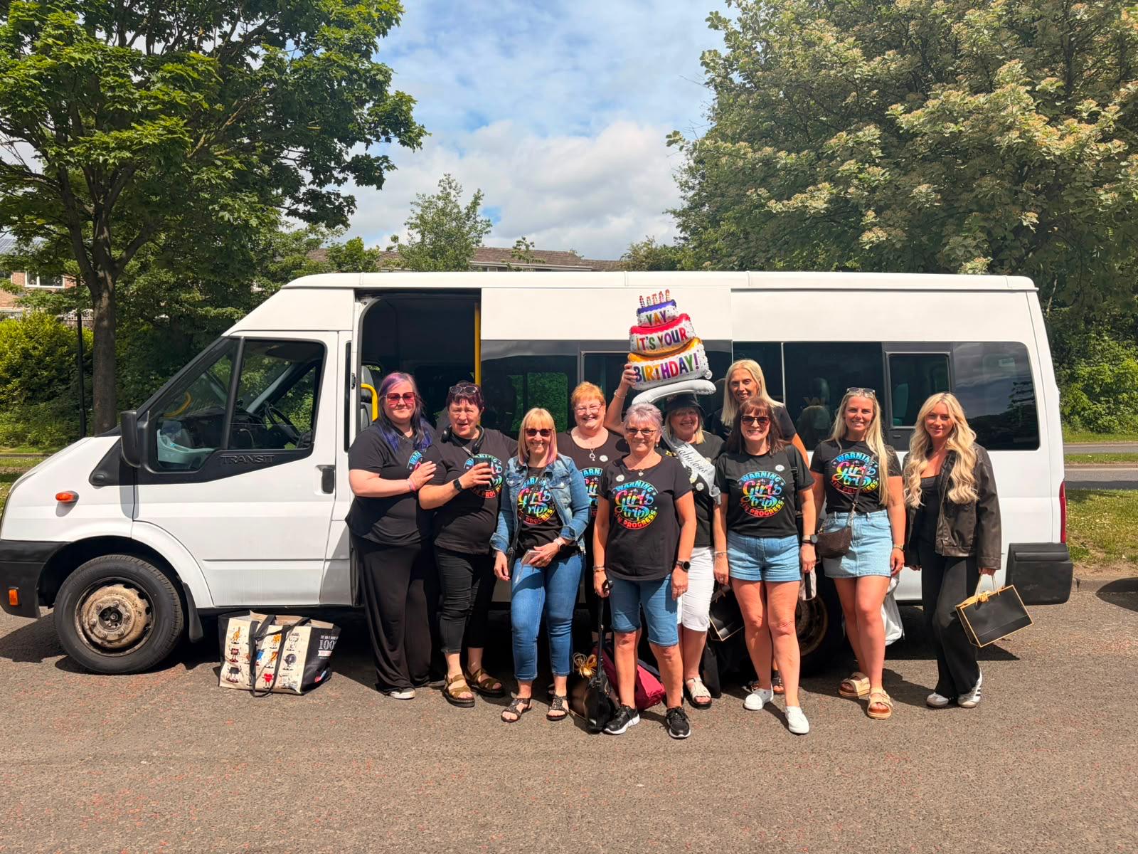 A group of ladies travelling to Nottingham for a birthday celebration by minibus hire with driver